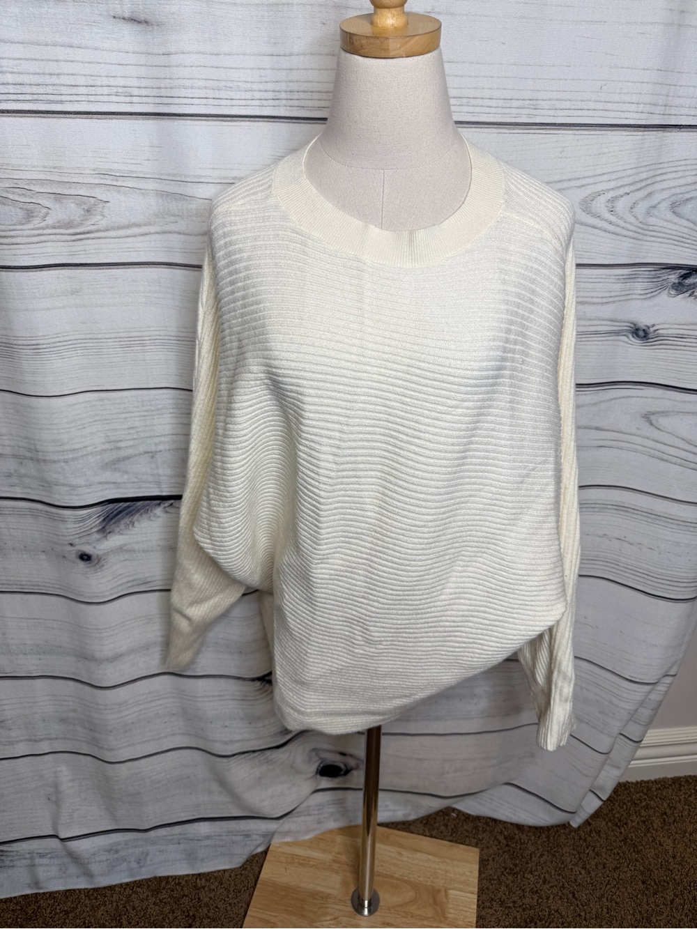 Relaxed Cream Ribbed Sweater, dolman sleeves